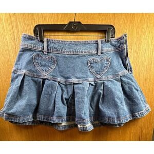 Sweet Society Denim Mini Skirt Womens Size M Blue Y2K Heart Pleated Pink